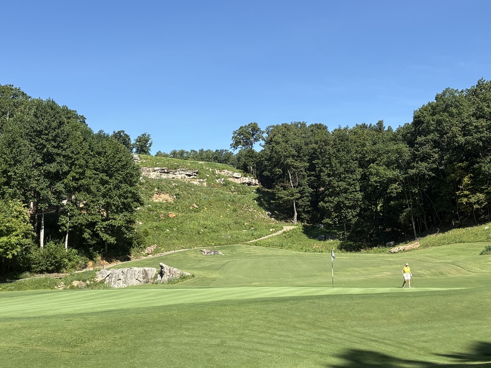 Craig Spiesman image showing a golf flag and golfer surrounded by trees and green terrain

